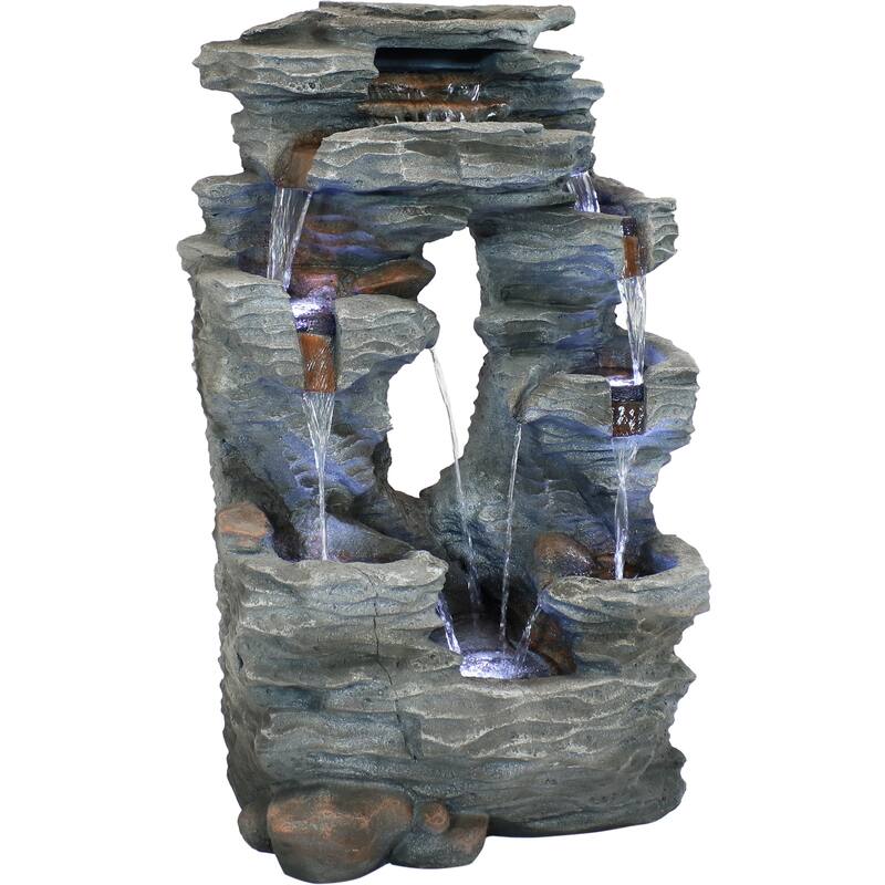 Dual Cascading Rock Falls Water Fountain with LED Lights - 39-Inch