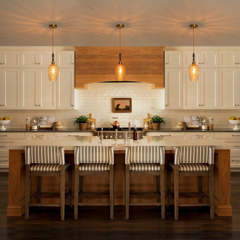 Modern 1-Light Brass Pendant Hammered Glass Shade Kitchen Lighting - Dia.6-in