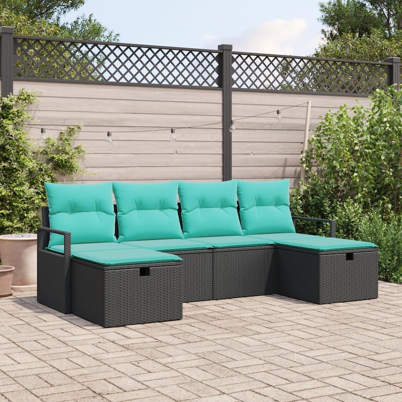 vidaXL 6 Garden Sofa Set with Cushions Black/Brown/Grey Poly Rattan - 90.6 x 46.1 x 27.2 - Black