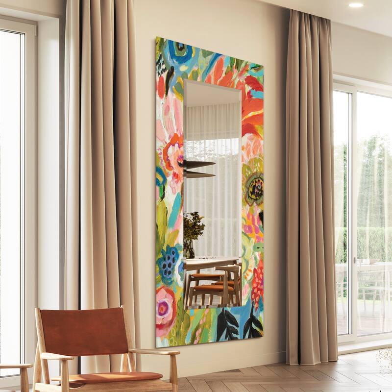 "Secret Garden Floral III" 72"x36" Rectangular Beveled Leaner Mirror on Free Floating Reverse Printed Tempered Art Glass