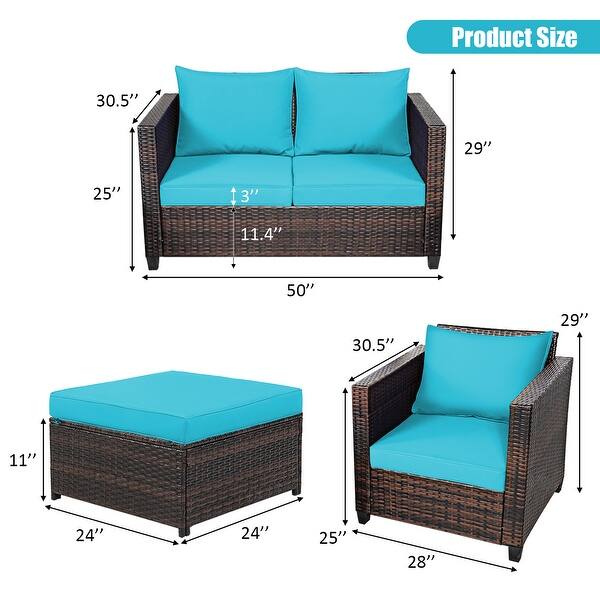 dimension image slide 4 of 6, Costway 5PCS Patio Rattan Furniture Set Loveseat Sofa Ottoman