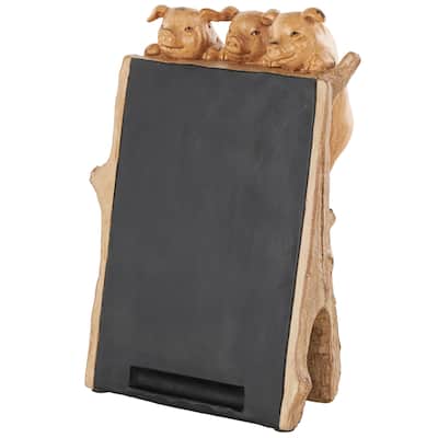 Polystone Pig Chalkboard Decorative Sign with Brown Tree Trunk Frame - Black - Roche River Decor