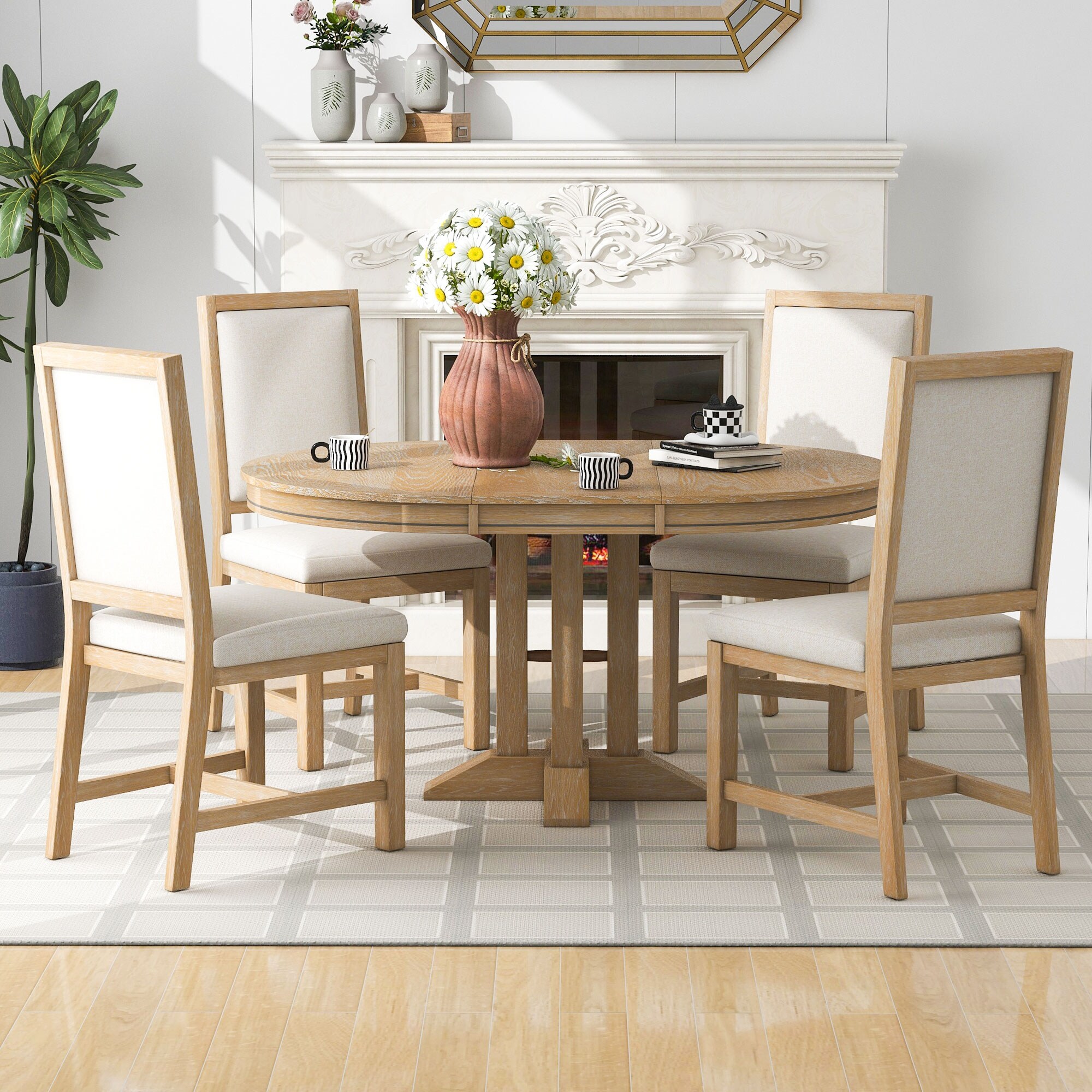 5 Piece Dining Set Extendable Round Table 4 Upholstered Chairs Rustic Wooden Dining Table Chairs Set for Kitchen Dining Room Bed Bath Beyond 39292502