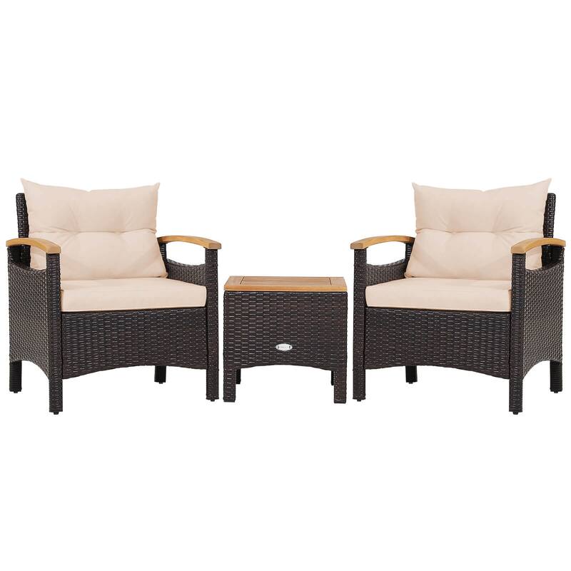 Gymax Set of 3 Rattan Furniture Set Wooden Armrest Table Top Cushioned