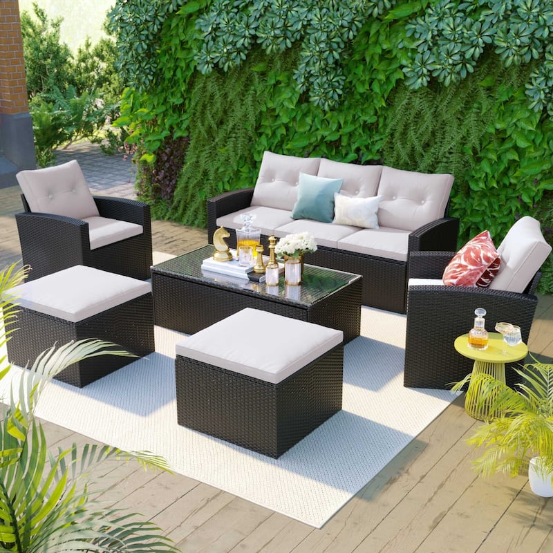 6-Piece Outdoor Wicker Sofa Set for 7 with Beige Cushions - Black Wicker+Beige Cushion