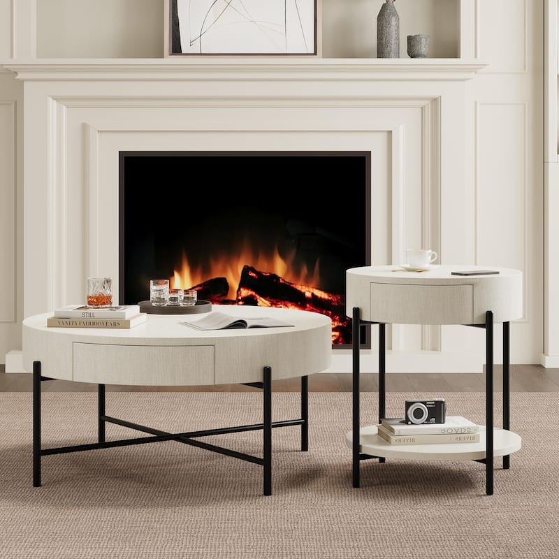 Round Coffee Table with Storage with Drawers Farmhouse Circle Table