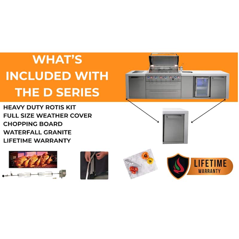 Mont Alpi 145"W Deluxe Stainless Steel Premium Outdoor Kitchen Island with Refrigerator Faucet & Sink + 32"W 4-Burner BBQ Grill