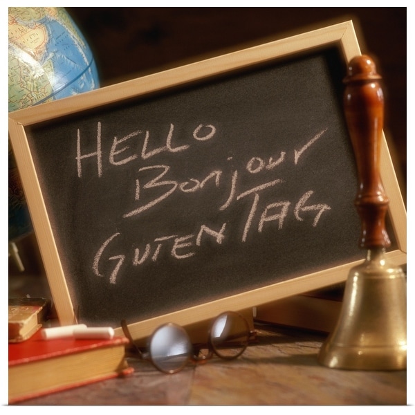 "Chalkboard with greetings written in English, French and German" Poster Print