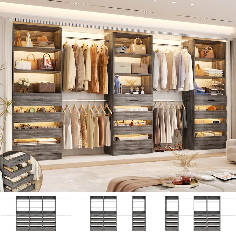 140'' Walk-in Closet Organizer System with 12 Drawers ＆ 4 Hanging Rods, 8.5-11.5FT Wooden Wardrobe Clothes Rack with 3 Towers - Black Oak