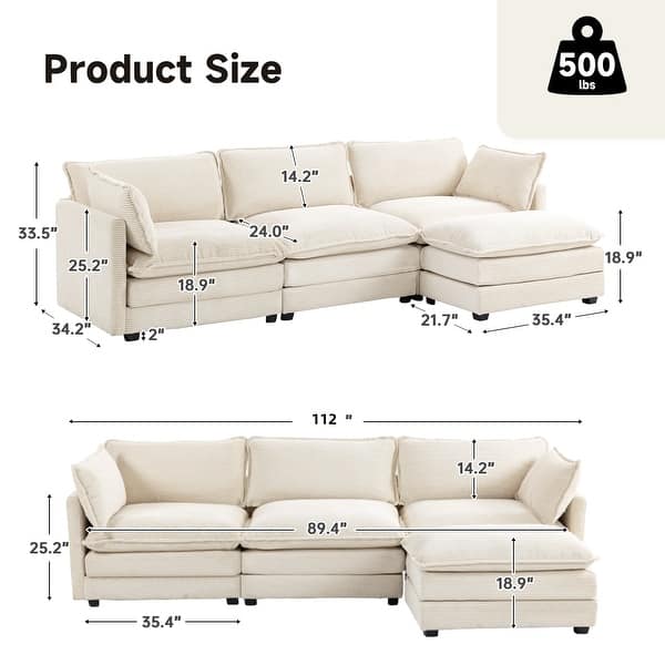 dimension image slide 6 of 16, Corduroy Sectional Sofa with Removable Ottomans & Ultra-soft Cushions for Living Room & Bedroom
