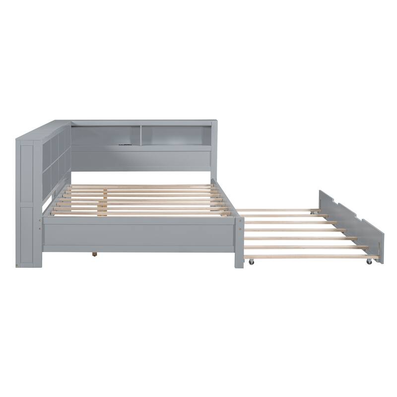 Wood Twin/Full Size DayBed with Twin Trundle, Storage Shelf and USB Charging Ports