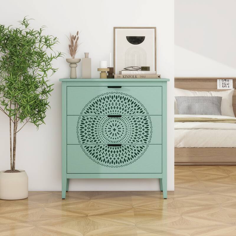 Hollow-Carved 3-Drawer Storage Chest with Anti-Tipping Device for Safe Entryway Storage