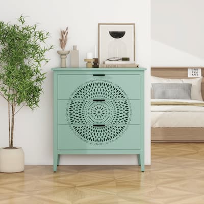 Roomfitters 3 Drawer Storage Cabinet, Hollow Carved Accent Dresser with Metal Handles, Green