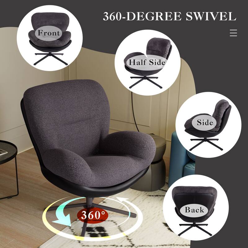 360° Swivel Accent Chair, Modern Chenille Lounge Chair with Faux Leather and Black Metal Base Frame, Comfortable Reading Chair