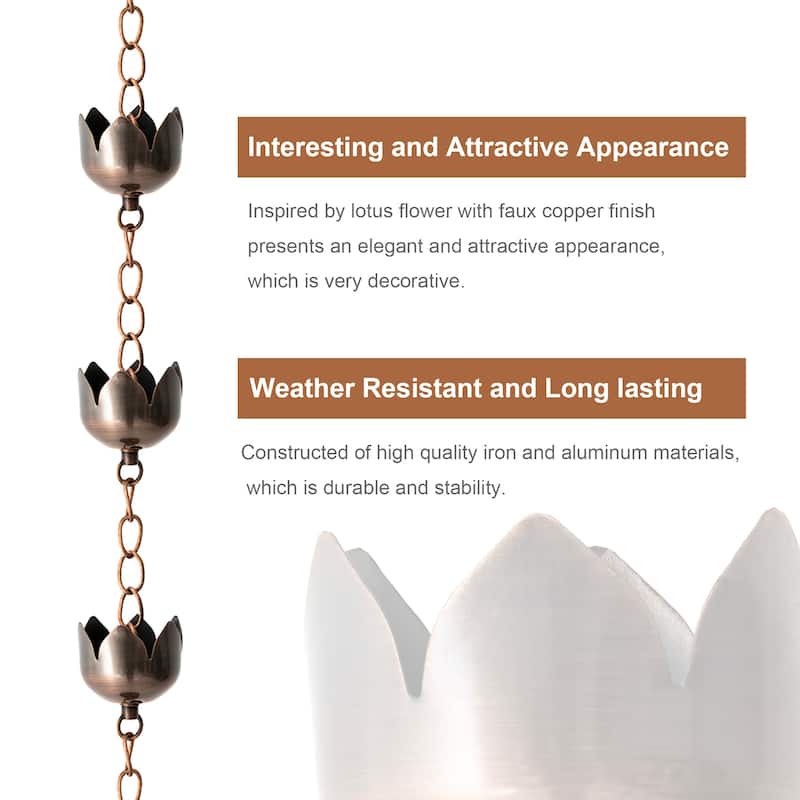 Glitzhome 8.5ft Faux Copper Lotus Shaped Rain Chain with Clip