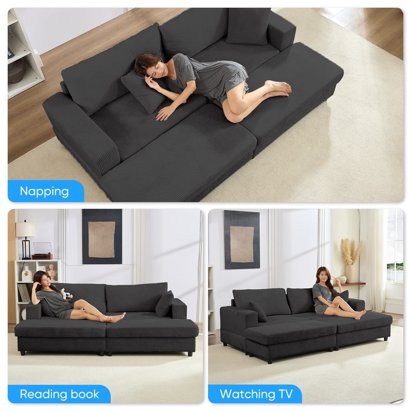 Mixoy Corduroy Chaise Lounge Deep Seat Sleeper Sofa Chair with Storage Ottoman,Upholstered 1-Seater/Loveseat Sofa Couch