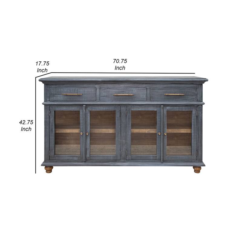 71 Inch Sideboard Console Table, 3 Drawers, 4 Glass Doors, Pine Wood, Blue