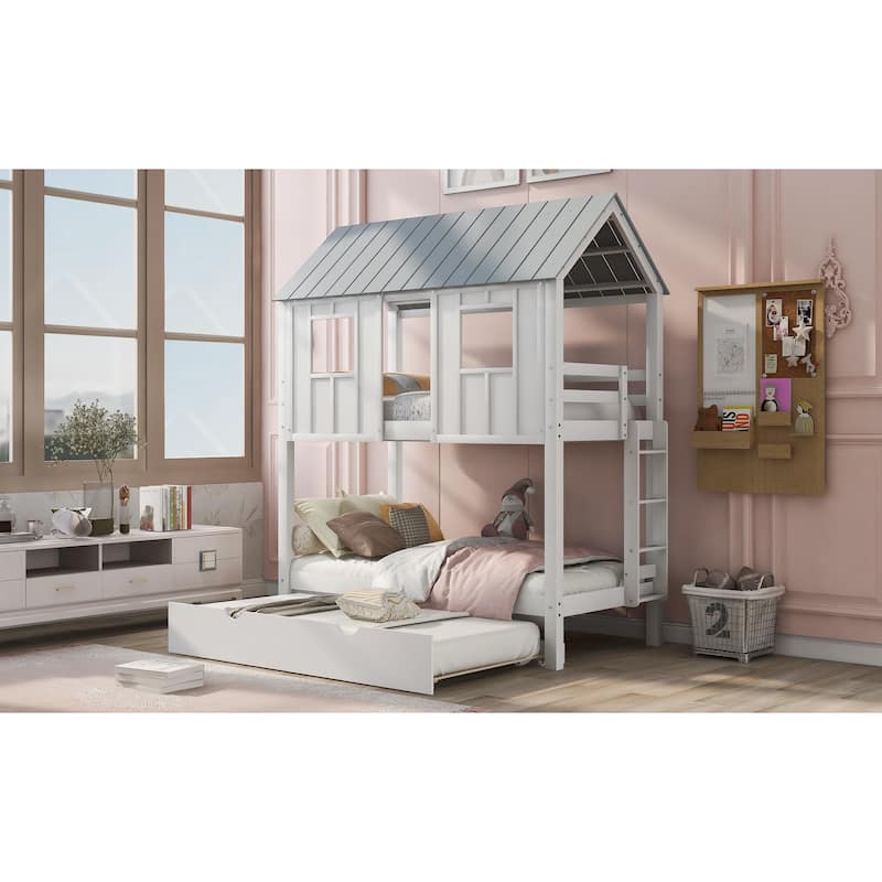 Twin Size House Bunk Bed with Trundle, Roof and Windows