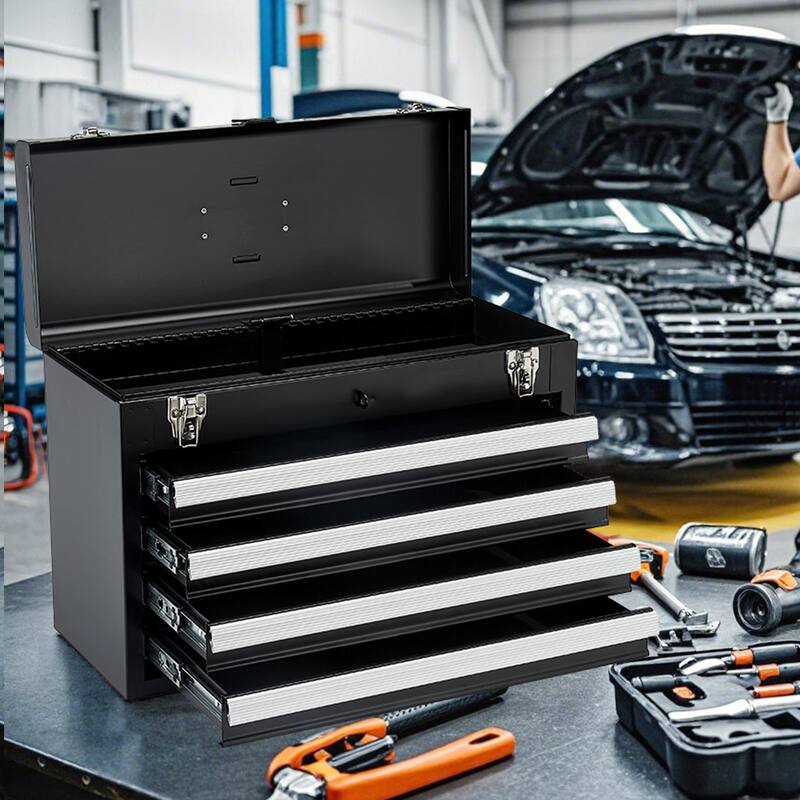 20.5-Inch Black Portable Metal Toolbox with 4 Drawers and Auto-Locking System - 20.5 x 8.6 x 14.2 in