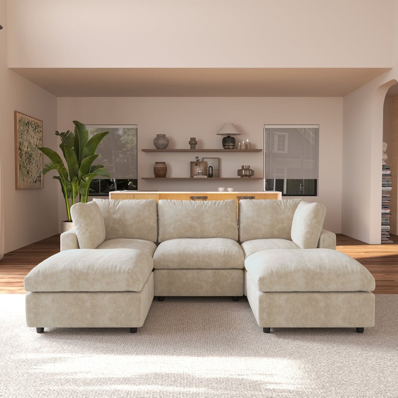 Modern Cloud Sectional Couches for Living Room Set, Chenille U-shaped Sofa Couch - Khaki-3 seats+ 2 otoman