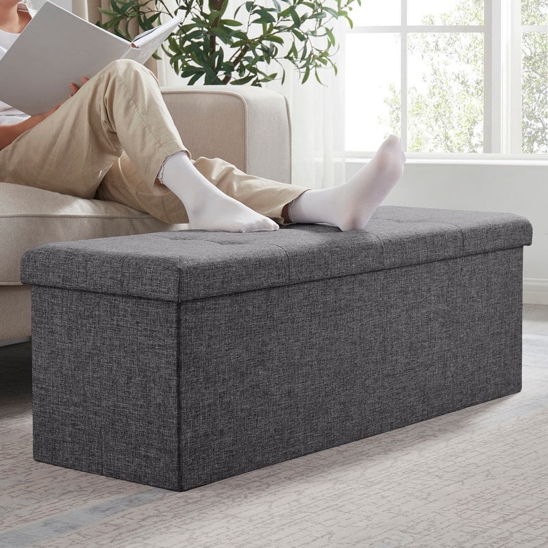 Foldable Tufted Linen Storage Ottoman Bench