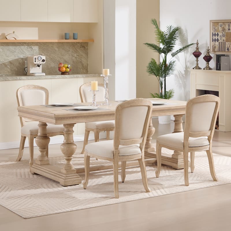 French Country Wood Dining Chairs Set of 2 Cotton Linen Seat