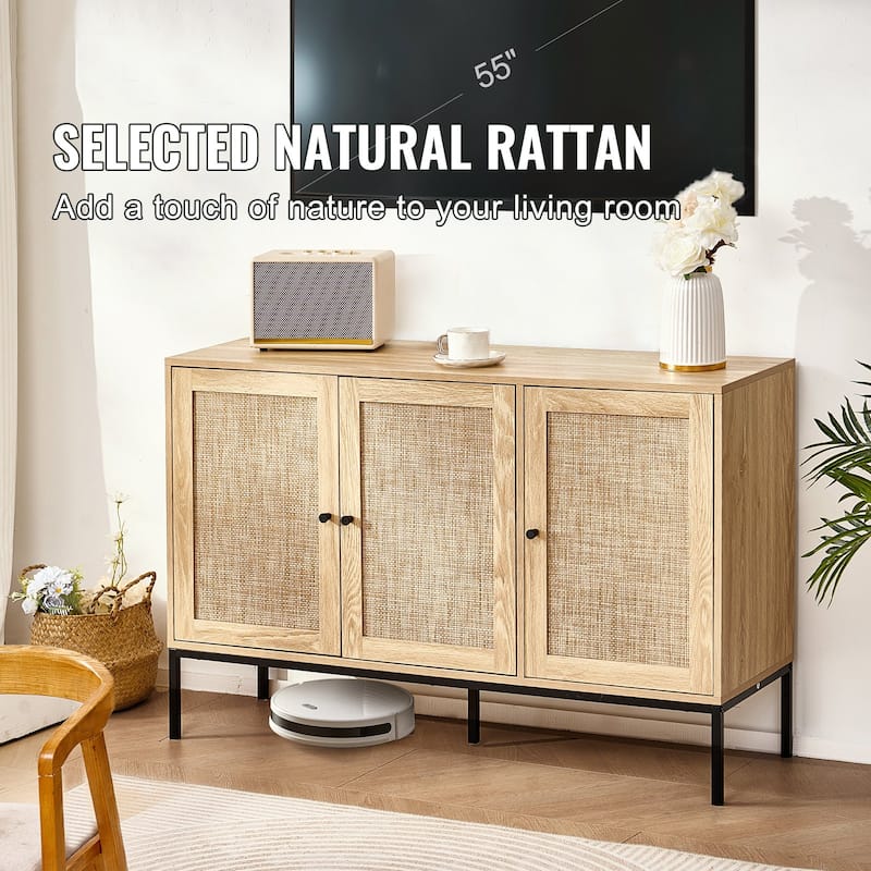 47i Ich Natural Rattan Storage Cabinet with 3 Magnetic Doors and Adjustable Shelves - 47.2 x 14.1 x 31.5 in
