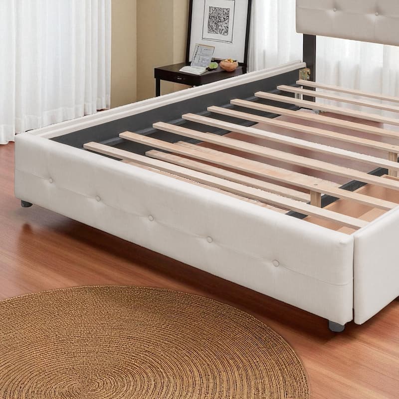 Queen Size Upholstered Platform Bed with Button-Tufted Headboard, 2 Storage Drawers and Twin XL Trundle, Linen Fabric