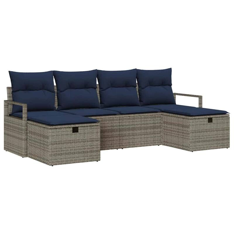 vidaXL 6 Garden Sofa Set with Cushions Black/Brown/Grey Poly Rattan - 90.6 x 46.1 x 27.2