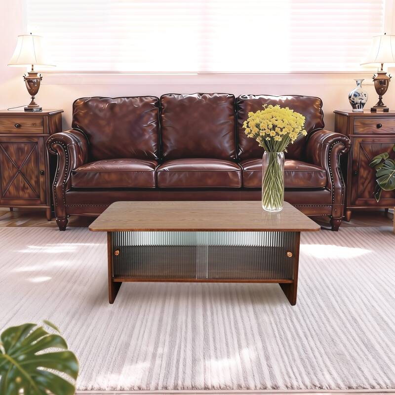 47" Stylish Coffee Table 2-Tier Center Tables with Storage, Large Living Room Table Rectangular Wood Tea Tables with Glass Door