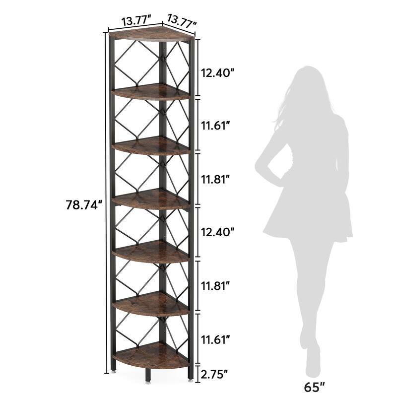 7-Tier Corner Shelf, 78" Tall Bookshelf, Industrial Wood Display Shelf