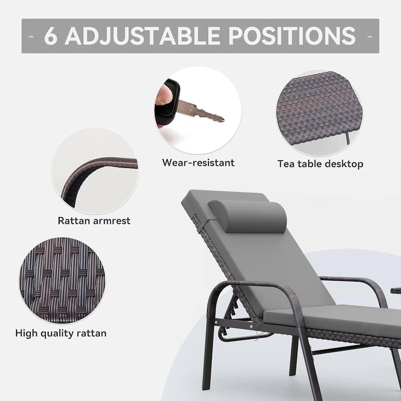 3-Piece Outdoor Wicker Chaise Lounge with Armrests and Cushions