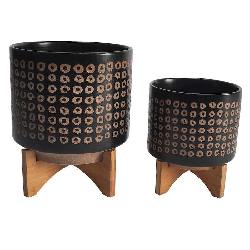 Sagebrook Home Neutral Tan and Brown Ceramic Dotted Planter with Wood Stand Indoor Outdoor