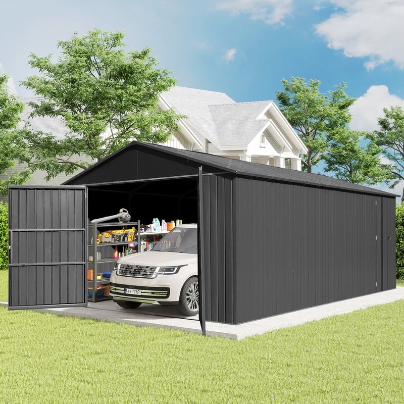 Domi 12x15FT Outdoor Metal Garage Shed,Extra Large Metal Carport with Lockable Double Doors,Heavy Duty Car Shelter,Dark Grey