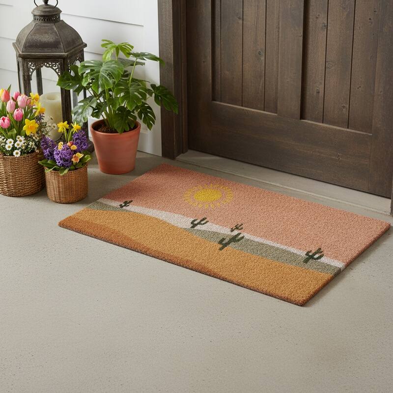 HomeRoots 17" X 29" Brown Orange And Yellow Cactus Outdoor Coir Door Mat - 17.00' X '29.00 - 17.00' X '29.00