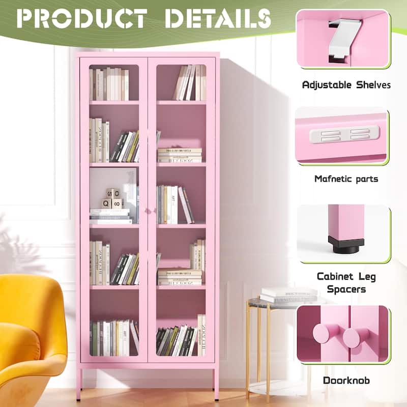 67'' Pantry Storage Cabinet Glass Display Sideboard Buffet Cabinet Curio Bookcase with Glass Doors and 4 Adjustable Shelves