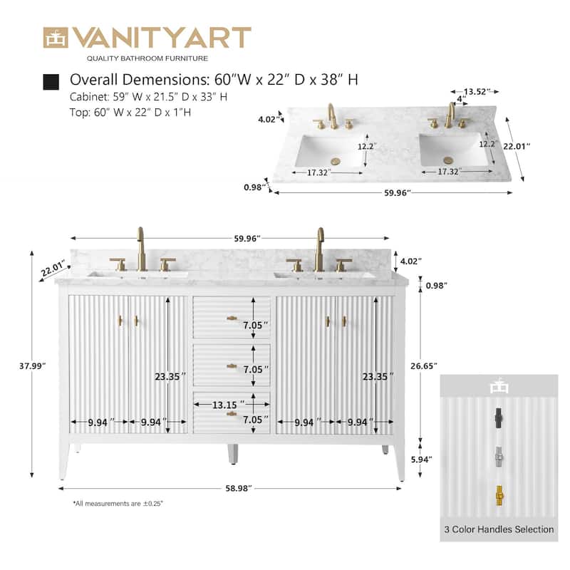 Vanity Art 60" Double Sink Bathroom Vanity Cabinet with Engineered Marble Top