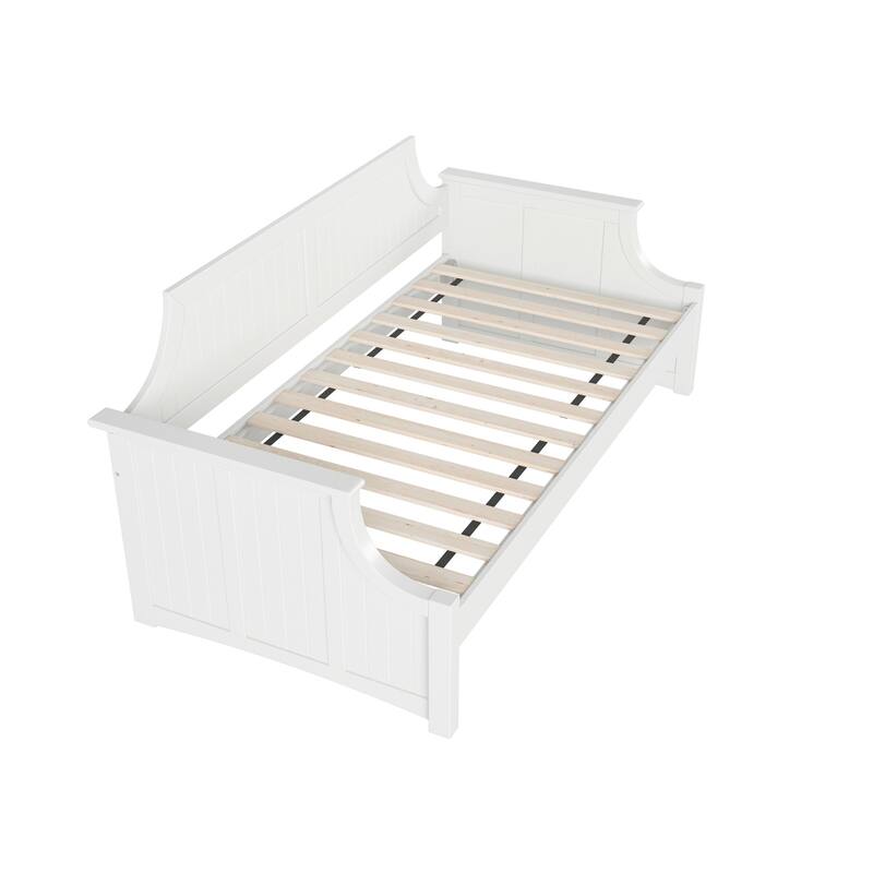 Twin Daybed - White Wood Frame, Curved Back & Beadboard Design - Guest Bed & Relaxation