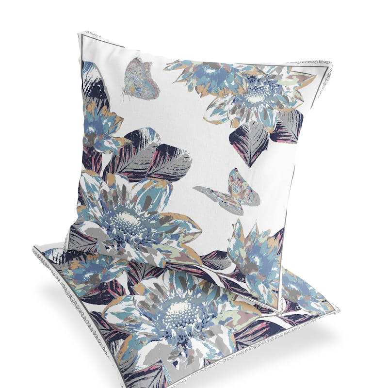 HomeRoots Set of Two 16" X 16" Gray and White Butterfly Blown Seam Floral Indoor Outdoor Throw Pillow - 16.00' X '16.00' X '5.00