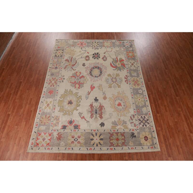 Hand Knotted Oriental 100% Wool Carpet Transitional All-Over Beige & Ivories Oushak Area Rug - 12' 5'' X 9' 1''