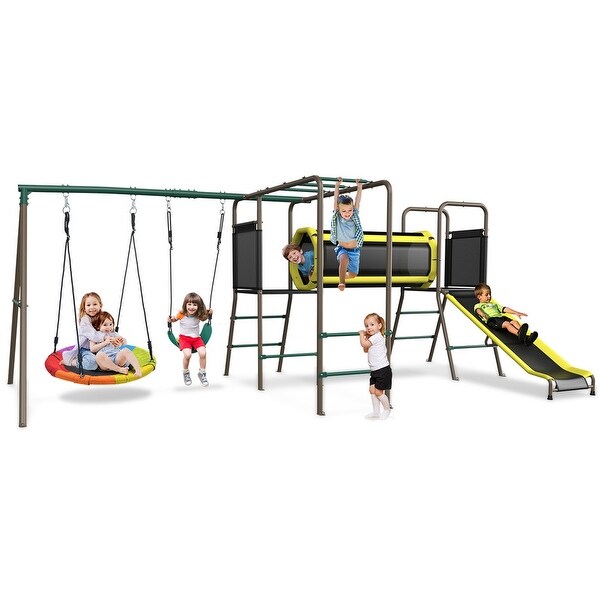 Hapfan 660lbs 6-in-1 Swing Set with Slide,Crawl Tunnel and Monkey