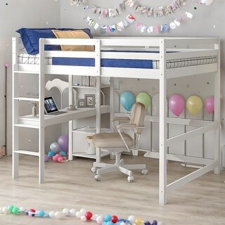 Full Loft Bed Pine Kids Bed with Desk Shelves and Ladder, White