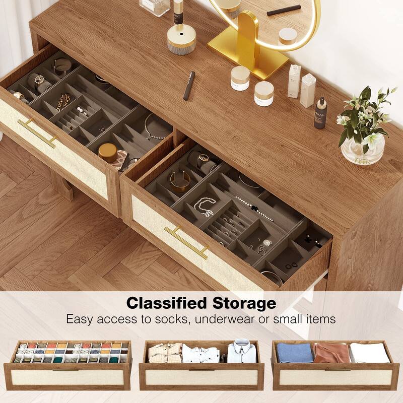6 Drawers Dresser for Bedroom, Burlap Design Wood Drawer Dresser Chest of Drawers for Closet