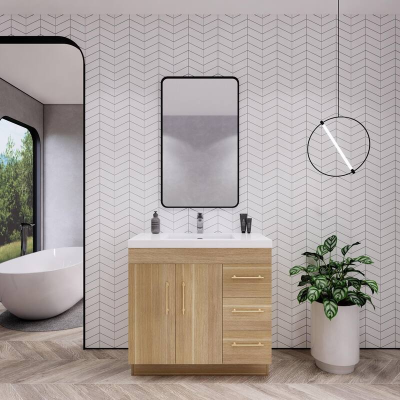 Eliza 36 Freestanding Vanity (Right Drawers) with Single Sink - 36'' Width With Right Drawers - Champagne Oak