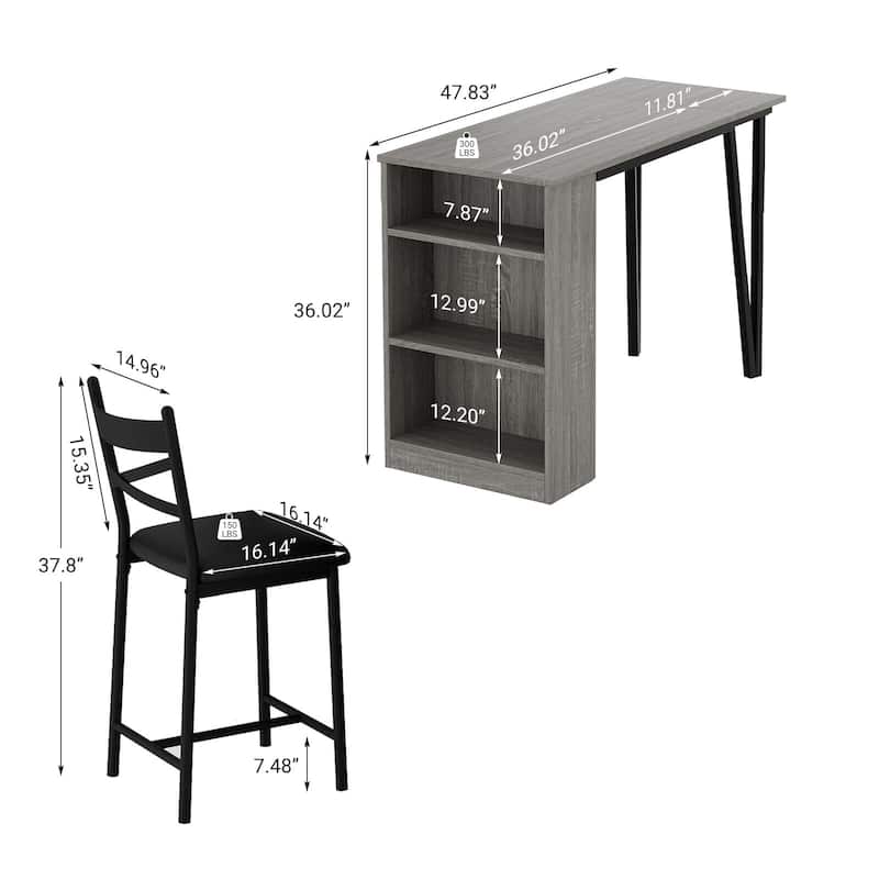 3-Piece 36in Wooden Counter Height Dining Table Set for Kitchen, Bar Table and Chairs