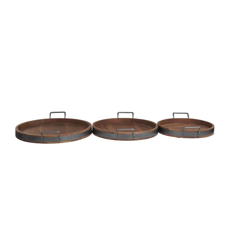 Mango Wood Nesting Living Room Decor Tray with Black Metal Handles - Set of 3 Cream or Brown - Roche River Decor