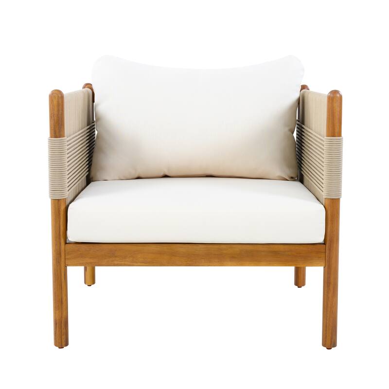 Christopher Knight Home - Outdoor 4-Piece Sofa Set with Acacia Wood Loveseat, Club Chairs & Coffee Table, Handwoven Rope Accents