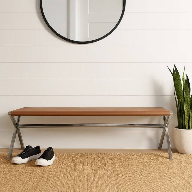 Rux 62 Inch Dining Bench, Faux Leather Seat, Steel Legs, Director Style