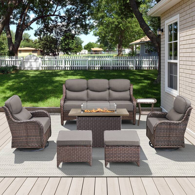 Meyreso 7-Piece Wicker Outdoor Patio Fire Pit Conversation Set with 6-Inch Thick Cushions - 7-Piece - Brown/Gray