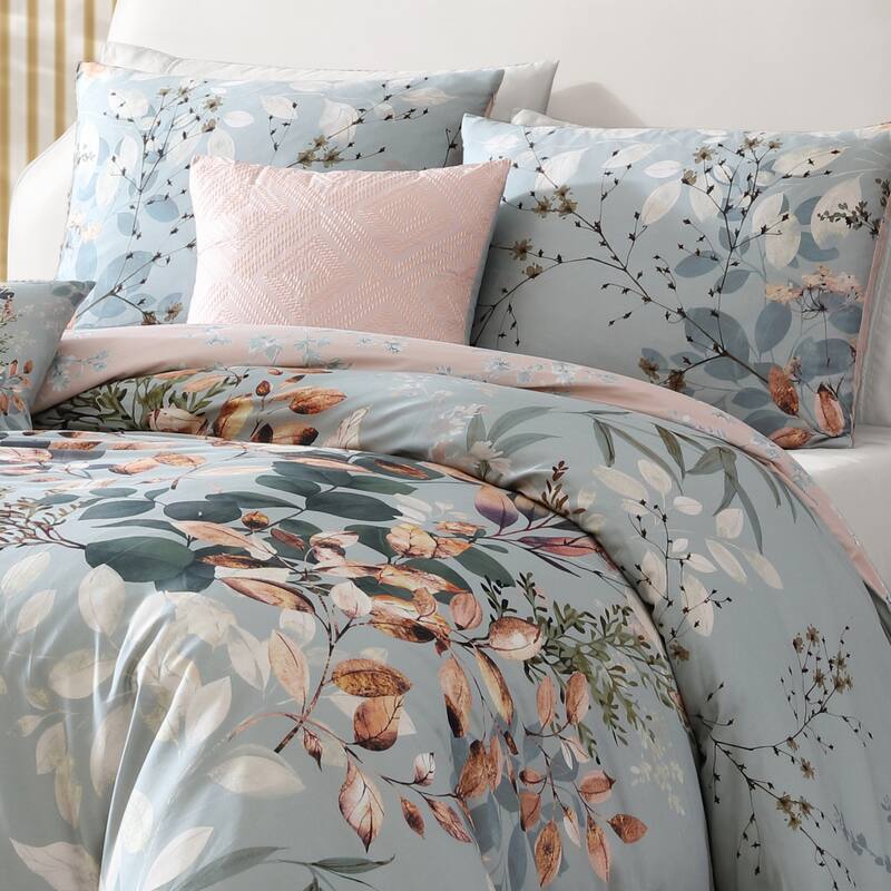 Bebejan Peach Leaves on Sage 100% Cotton 5-Piece Reversible Comforter Set